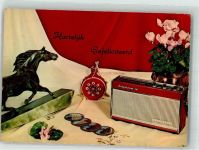 Geburtstag Alpenveilchen Statue Pferd Telefunken Radio Foto AK