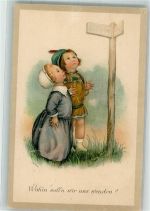 Nr. 445 Zwei Kinder stehen ratlos vor einem Wegweiser M. Munk Wien 1923 Künstlerkarte