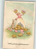 Ei als Kükenhaus , Hase Wichtel mit Blumen Osterei 1939 Künstlerkarte
