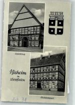 33039 W3493 Nieheim Gebrauchsspuren Gasthaus Ratskrug Richterhaus Wappen Foto AK