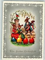 Hasenfamilie vermenschlicht Gitarre Osterei 1959 Künstlerkarte