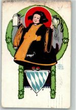W8000 München sign. Obermeier, Otto Kindl mit Bierkrug und Radi Künstlerkarte Verlag Zieher, Ottmar 1204 Maschinenstempel Münchner Kindl 1920 Gebrauchsspuren