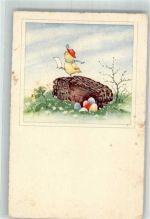 Korb bunte Eier Küken vermenschlicht Verlag Haering 6442 Osterei 1956 Künstlerkarte