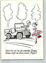 Soldat im Jeep küsst seine Liebste auf dem Bordstein Militär Karikatur Künstlerkarte