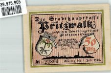 16928 O1920 Pritzwalk 1922 Notgeldschein Stadthauptkasse Platzanweisung über 50 Pfennig