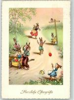 Hasenfamilie vermenschlicht Eier werfen Osterei 1954 Künstlerkarte