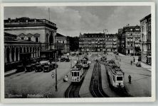 68159 W6800 Mannheim 1942 Foto AK Straßenbahn Auto Bahnhof