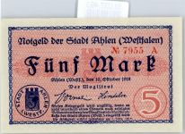 Notgeld 5 Mark , Ahlen Geld auf AK