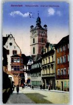 64283 W6100 Darmstadt Lithographie Pädagogstrasse Blick auf Stadtkirche