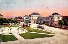 Zagreb 1929 Lithographie / Künstlerkarte Straßenbahn Hauptbahnhof