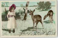 Mädchen Hutmode Rehe Exotisches Tier 1906 Künstlerkarte