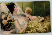 Mutter Bett Blumenstrauß sign. Riesen Baby Künstlerkarte