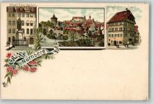 90402 W8500 Nürnberg Gebrauchsspuren Albrecht Dürer Denkmal Haus Turm Blumen Gruss Lithographie