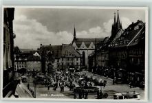 Cheb Eger - Marktplatz Marktszene Auto Omnibus Brunnen