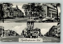 45657 W4350 Recklinghausen , Westf 1962 Foto AK Postamt Auto Mercedes Th. Körner Schule Bochumer Straße Wappen