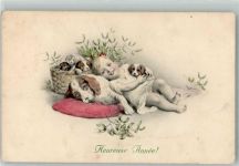 Neujahr Kind Hund Welpen Mistelzweige M.M. Vienne Nr. 774 M. Munk Wien 1913 Künstlerkarte