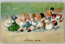 Marschierende Kindergruppe als Topfschlag-Orchester WSSB 9278 Glückwunsch 1934 Künstlerkarte