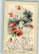 Mohnblumen vor einer steinernen Brücke Passepartout Erika Nr. 1441 Blume 1908 Prägedruck
