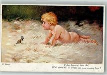 sign. Schreck Kleinkind spricht mit Maus Noris-Kunstverlag 493 Baby Künstlerkarte