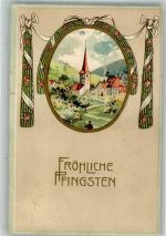 Eine Kirche in einem kleinen Dorf in sommerlicher Landschaft Jugendstil Pfingsten 1911 Prägedruck