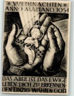 Weihnachten Hände halten Rosenkranz Christuskind und Kreuz Künstlerkarte Karte beschnitten Jahreszahl 1954 Gebrauchsspuren