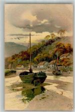 Küstenlandschaft mit Booten bei Ebbe Fischerboot Lithographie / Künstlerkarte