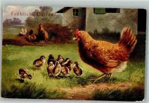 Henne mit einer Schar Küken Ostern Huhn 1907 Künstlerkarte