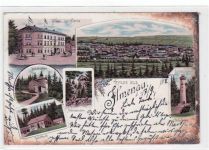 Gruß aus Ilmenau mit Hotel zur Tanne, Göthehäuschen, Schwalbenstein, Gabelbach, Kickelhahn und Gesamtansicht gelaufen von 1898 kleiner Knick oben rechts, Oxydationsspuren an den Rändern, leichter Stempeldurchdruck, sonst gut erhalten.