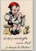 Bruder wechselt die Windel des Schwesterchens Hund Humor 1916 Künstlerkarte
