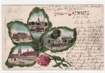 Chemnitz mit 4 Abbildungen in einem Kleeblatt gelaufen von 1906, Marke entfernt. Leicht bügig, leicht fleckig, kleine Anhaftung oben in der Mitte, sonst gut erhalten.