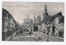 Eisleben mit Markt und Andreaskirche und Lutherdenkmal gelaufen von 1911. Leichter Stempeldurchdruck, sonst gut erhalten.