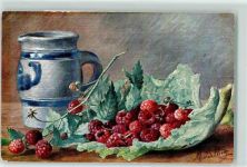 Stilleben Früchte Himbeeren Weinkrug Verlag Stroefer Serie 441 AK Billing, M. 1905