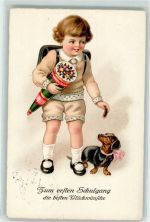 Kind mit Schultüte Ranzen und Dackel AK erster Schultag 1939