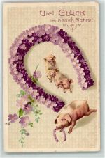 Präge-AK Neujahr Hufeisen Blütenbild 1913 AK Schwein Gebrauchsspuren