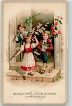 Kinder mit Blütenzweige AK Geburtstag 1917