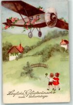 Geburtstag sign. Petersen Flugzeug mit Rosen geschmückt HWB Alabaster Serie 5734 Glückwunsch Flugzeug