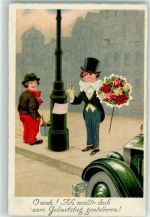 Kind im Smoking hat Farbe an der Hand und einen Rosenstrauß Verlag Begro 8098 AK Geburtstag Gebrauchsspuren
