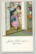 S.V.D. Serie 3580-2 Kinder Gratulanten mit Blumen und Brief AK Geburtstag Künstlerkarte