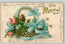 Hoch Marie Blumenkorb Rosen Vergissmeinnicht AK Name auf AK 1905 Gebrauchsspuren