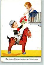 Geburtstag Pony Kinder Blumen Nr.7063-1 Wills, J. Künstlerkarte
