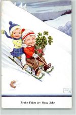 Neujahr Winter Kinder Schlitten Kleeblätter Hufeisen Wills, J. Künstlerkarte