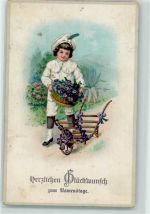 Kind mit Gamaschen Blumenkarre mit Stiefmütterchen AK Namenstag Gebrauchsspuren