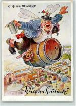 W8000 München Karikatur Fliegender Mann an Bierfass Bierkrug Brezeln Weisswurst Oktoberfest