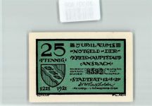 91522 W8800 Ansbach , Mittelfr Geldschein Notgeld Jubiläums-Notgeld 25 Pfennig Stadtwappen Scherenschnitt