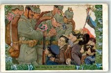 Wir mögn a mit nach Paris Soldaten Kinder Wohlfahrtsausschuß Propaganda WK I 1917 Künstlerkarte