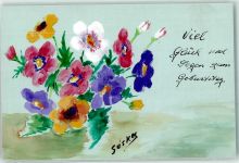 handgemalt Stiefmütterchen sign.Suske Geburtstag