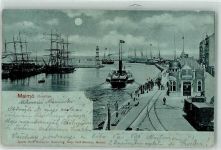 Malmö 1899 Gebrauchsspuren Hafen Seitenraddampfer Segelschiff Leuchtturm Mondschein