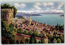 88662 W7770 Überlingen , Bodensee Künstlerkarte Turm Kirche Berge Mauer
