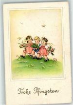 Kinder mit Blumen Schmetterling AK Pfingsten 1941 Gebrauchsspuren