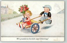 Geburtstag Kinder Schubkarre Rosen AK Wills, J. 1937